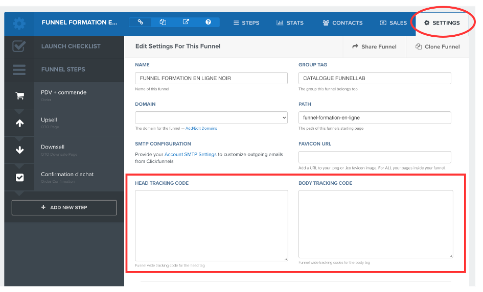 Emplacement des codes de tracking et de suivi dans Clickfunnels