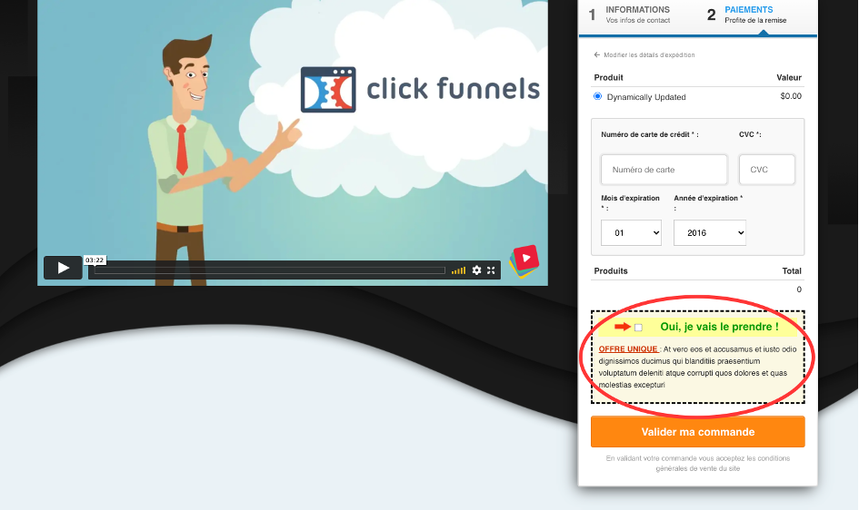 Exemple d'une order bump sur un bon de commande Clickfunnels